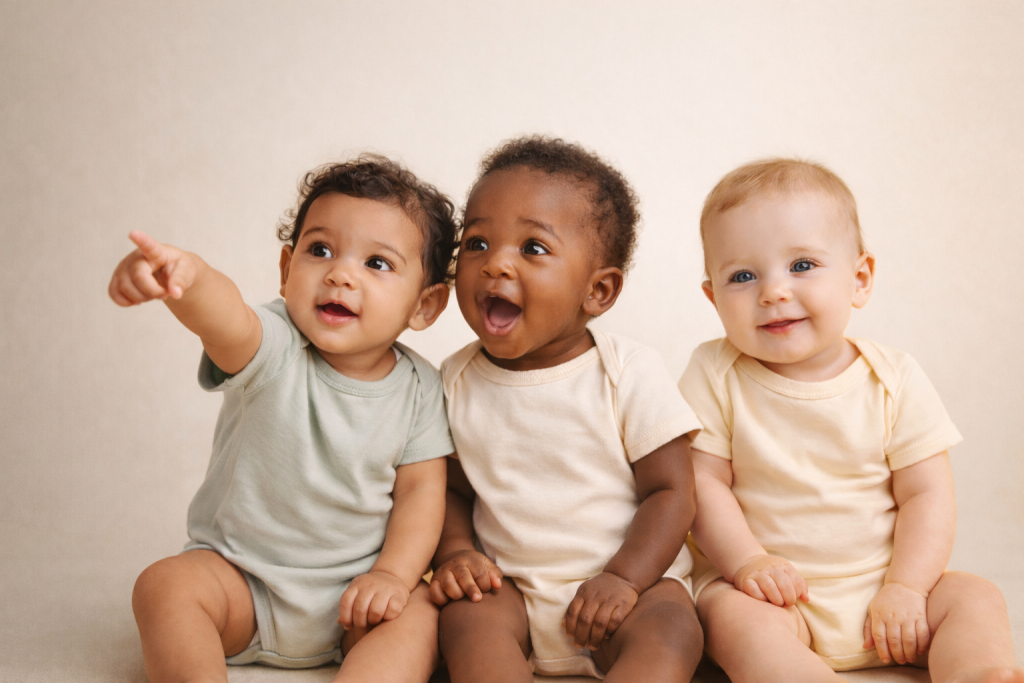 Three babies smiling and interacting playfully.