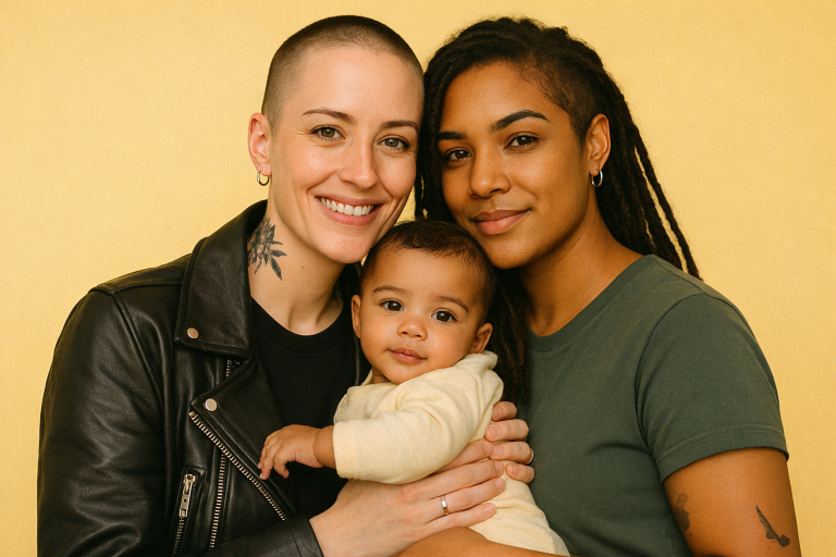 Two mothers holding their baby